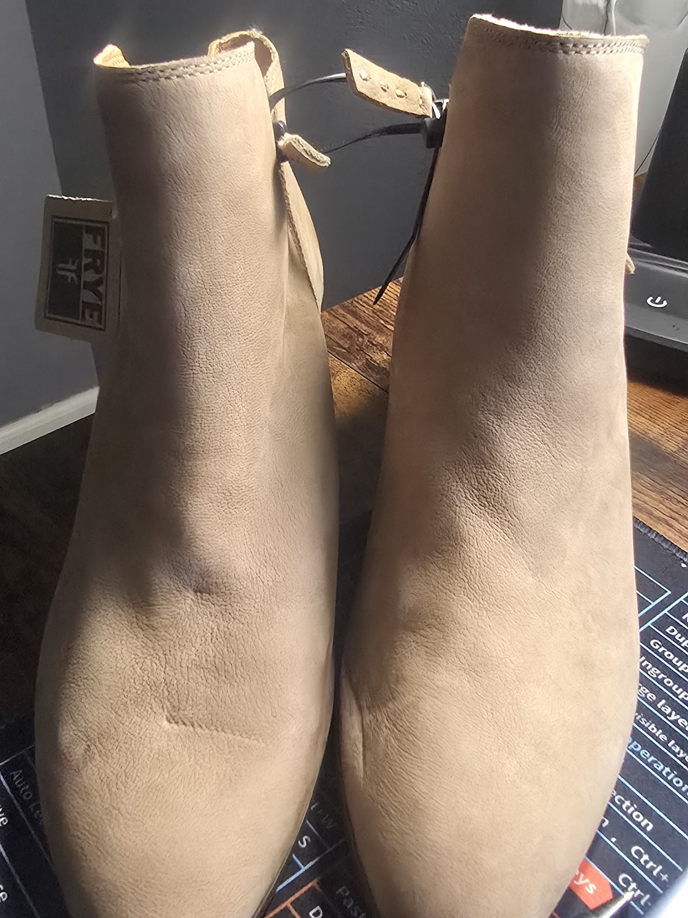 Frye Beige Suede Pointed Toe Ankle Booties- Leather